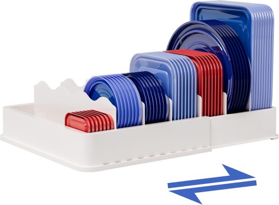 SWOMMOLY Expandable Food Storage Container Lid Organizer. Includes 6 Adjustable Dividers. 30 Preprinted and Blank Writable Labels. White